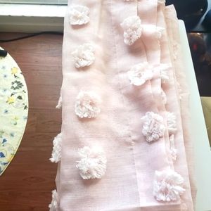 DKNY pink sheer window curtain panel pair with pom poms, 50" x 84"